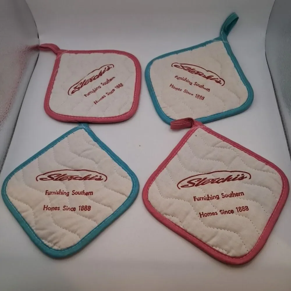 Set Of 4 Quilted Colorful Teal Aqua Pink Pot Holders Advertising Knoxville TN